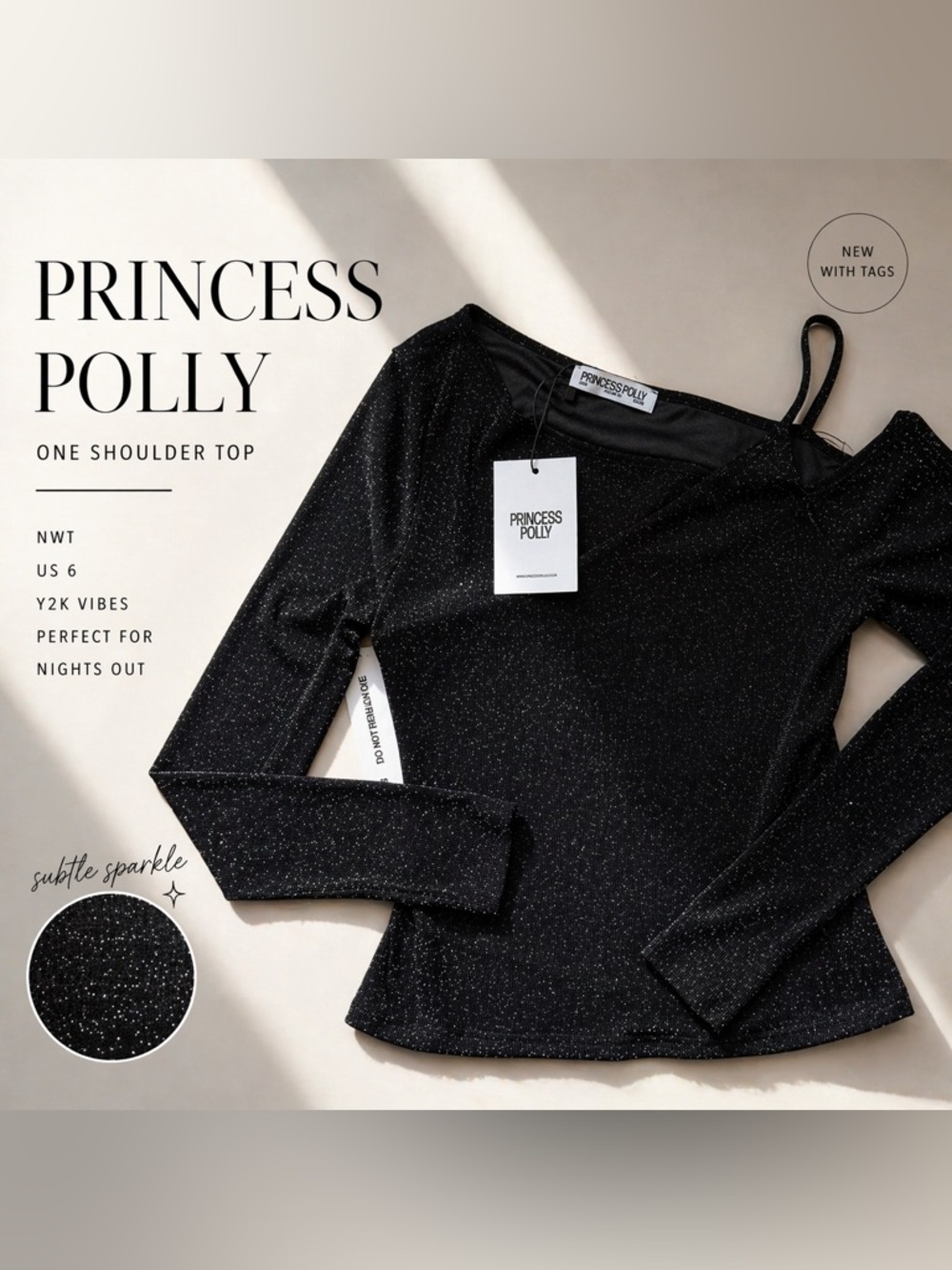 Princess Polly Black Glitter One Shoulder Long Sleeve Top NWT Size US 6 Y2K